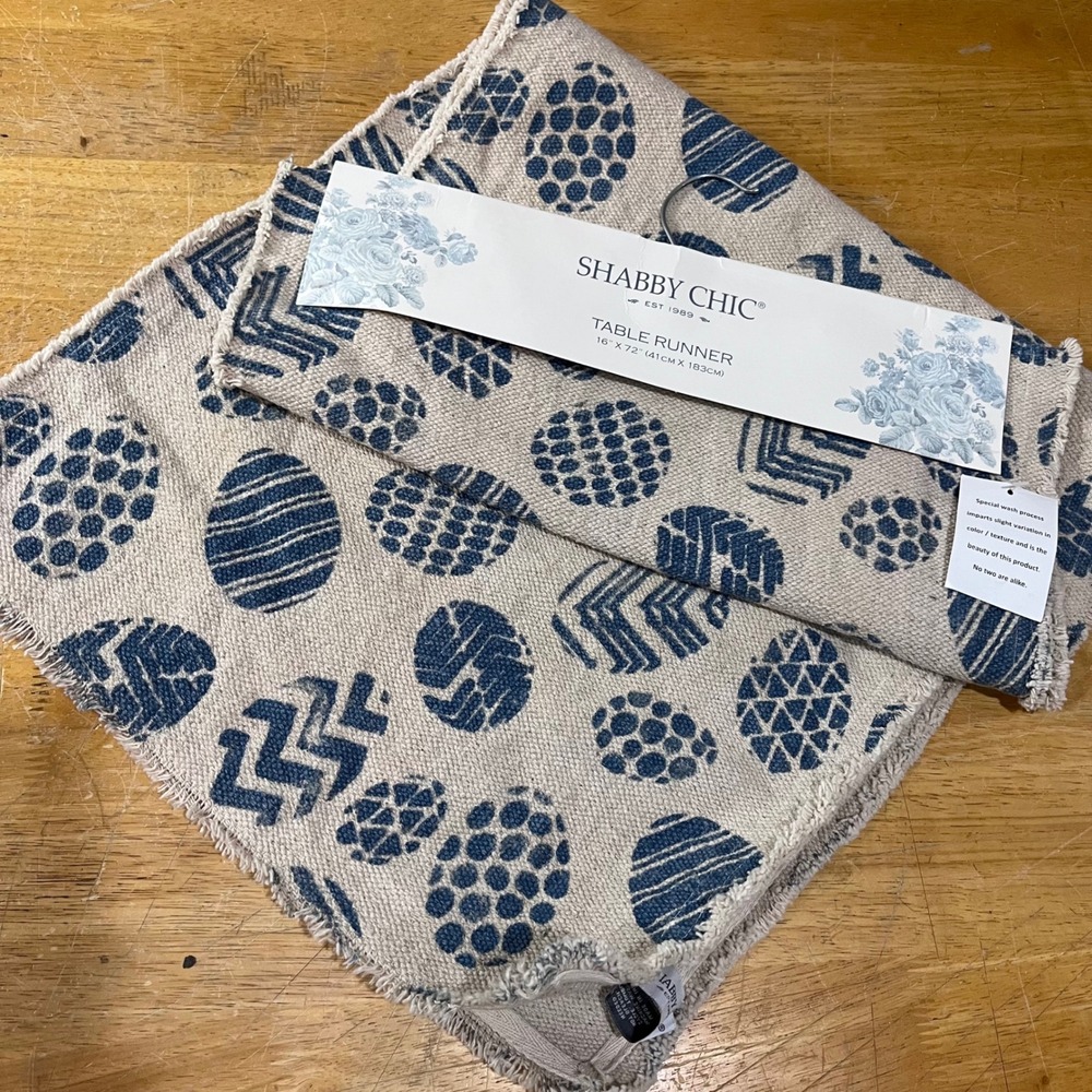 Shabby Chic Blue Geometric Egg Table Runner‎ 16x72 Frayed Edge Farmhouse Easter